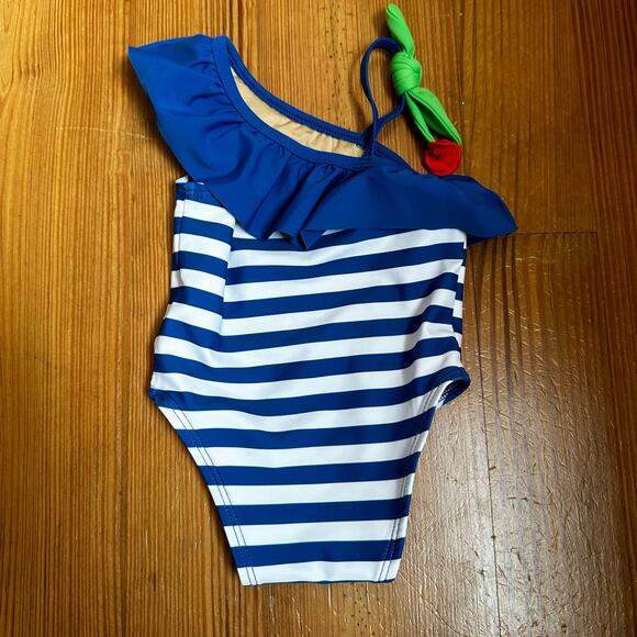 Old Navy white blue striped cherry ruffle one piece swimsuit SIZE 0-3M - Picture 4 of 4